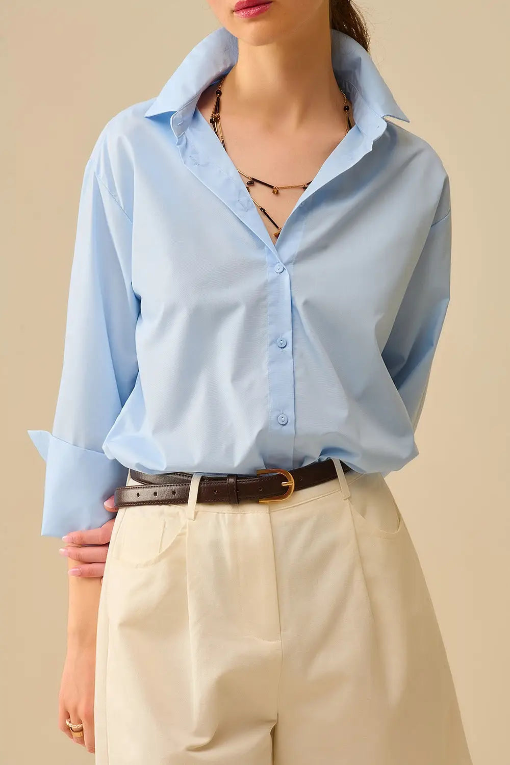 Chemise en popeline bleue avec poignets extra larges - Tee-Shirt