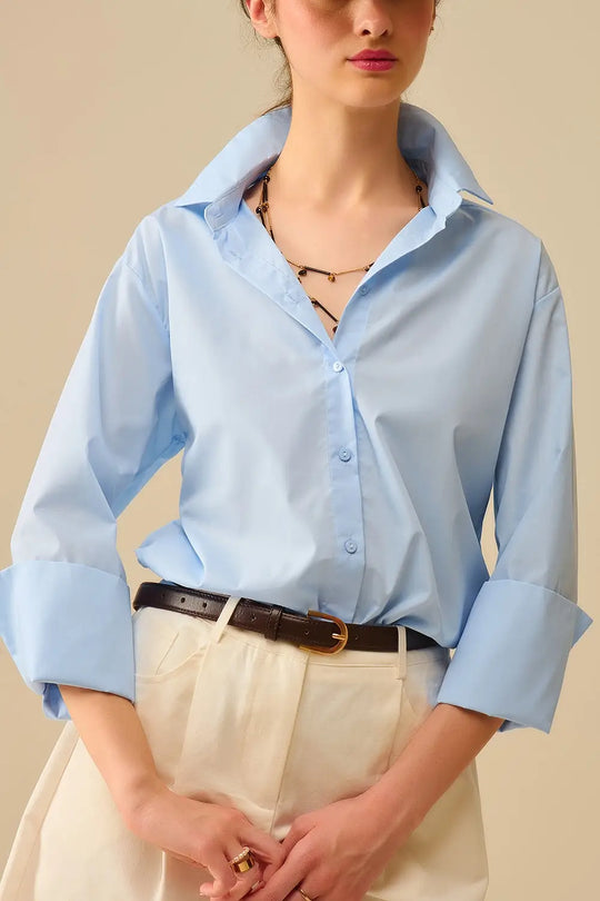 Chemise en popeline bleue avec poignets extra larges - Tee-Shirt