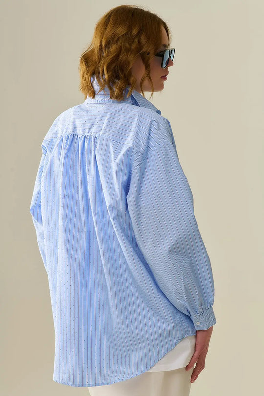 chemise en popeline bleue rayée ornée de strass - Tee-Shirt