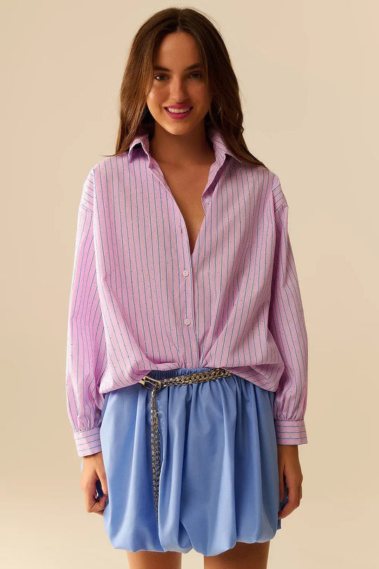 Chemise en popeline rose rayée ornée de strass - Tee-Shirt