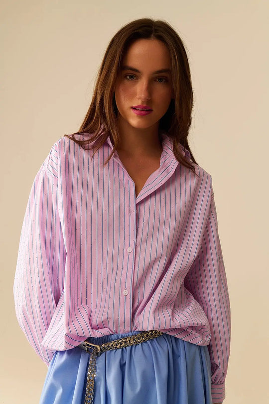 Q2 Chemise en popeline rose rayée ornée de strass