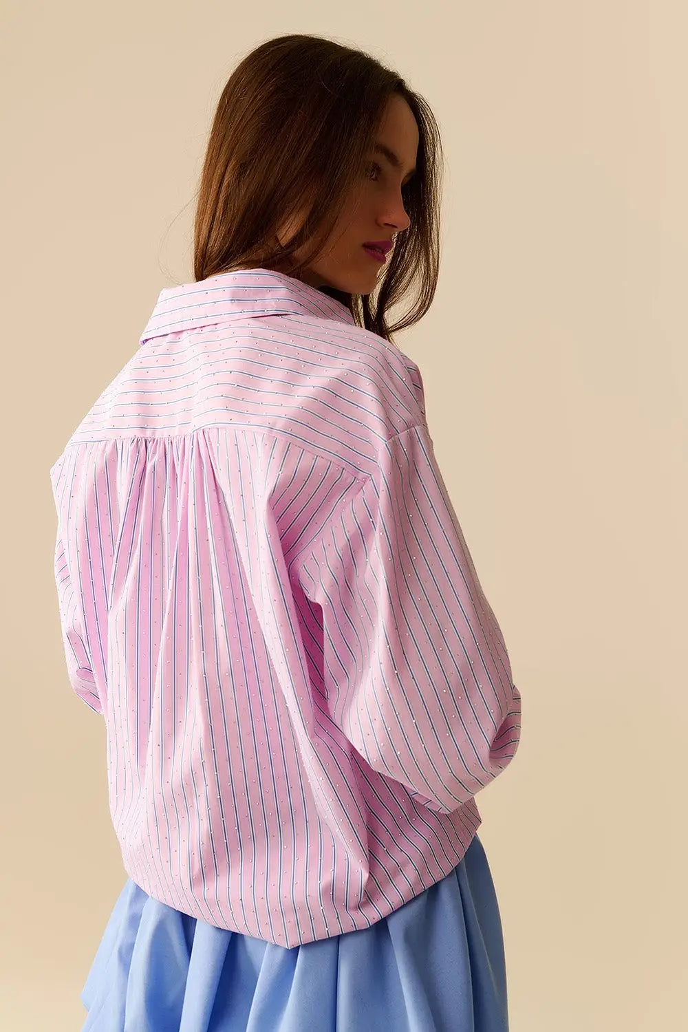 Chemise en popeline rose rayée ornée de strass - Tee-Shirt