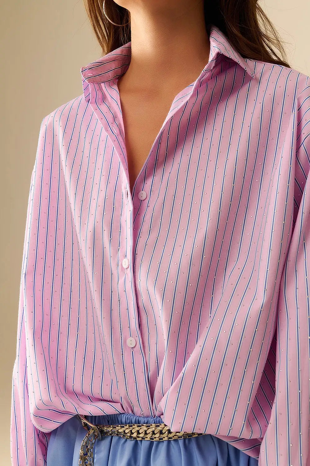 Chemise en popeline rose rayée ornée de strass - Tee-Shirt