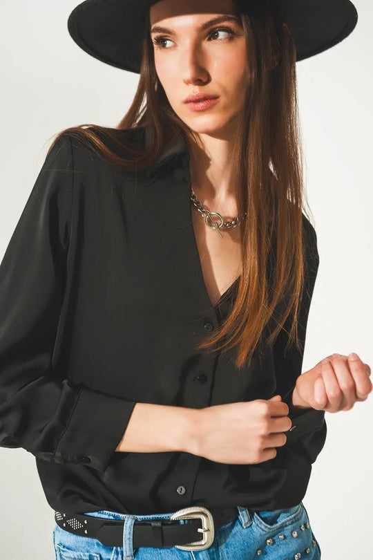 Chemise en satin à col V noire - Tee-Shirt