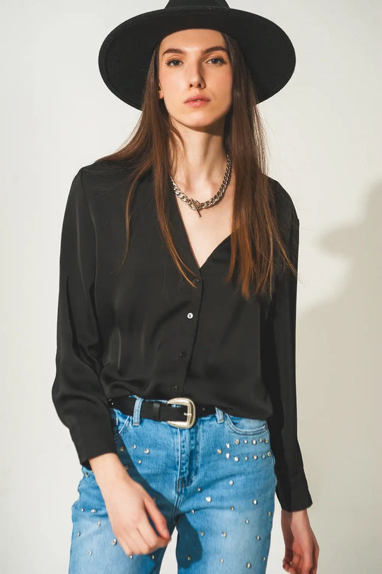 Chemise en satin à col V noire - Tee-Shirt