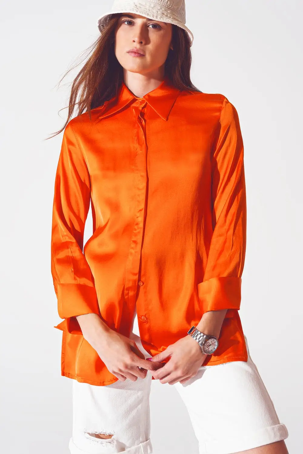 Chemise en satin à poignet fendu en orange - Tee-Shirt