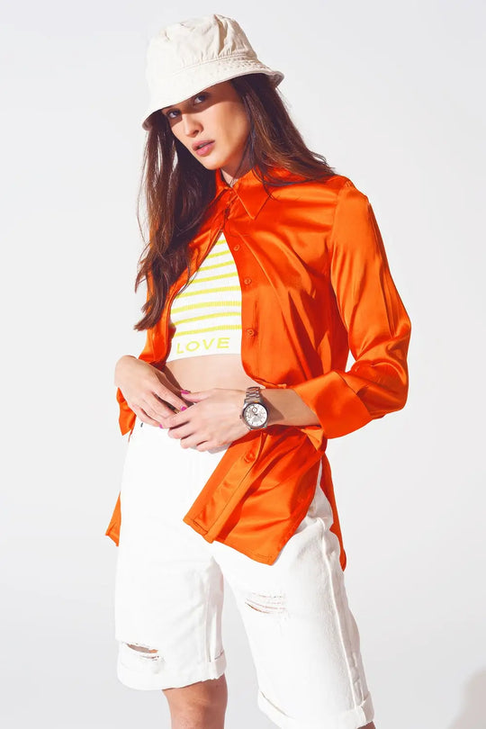 Chemise en satin à poignet fendu en orange - Tee-Shirt