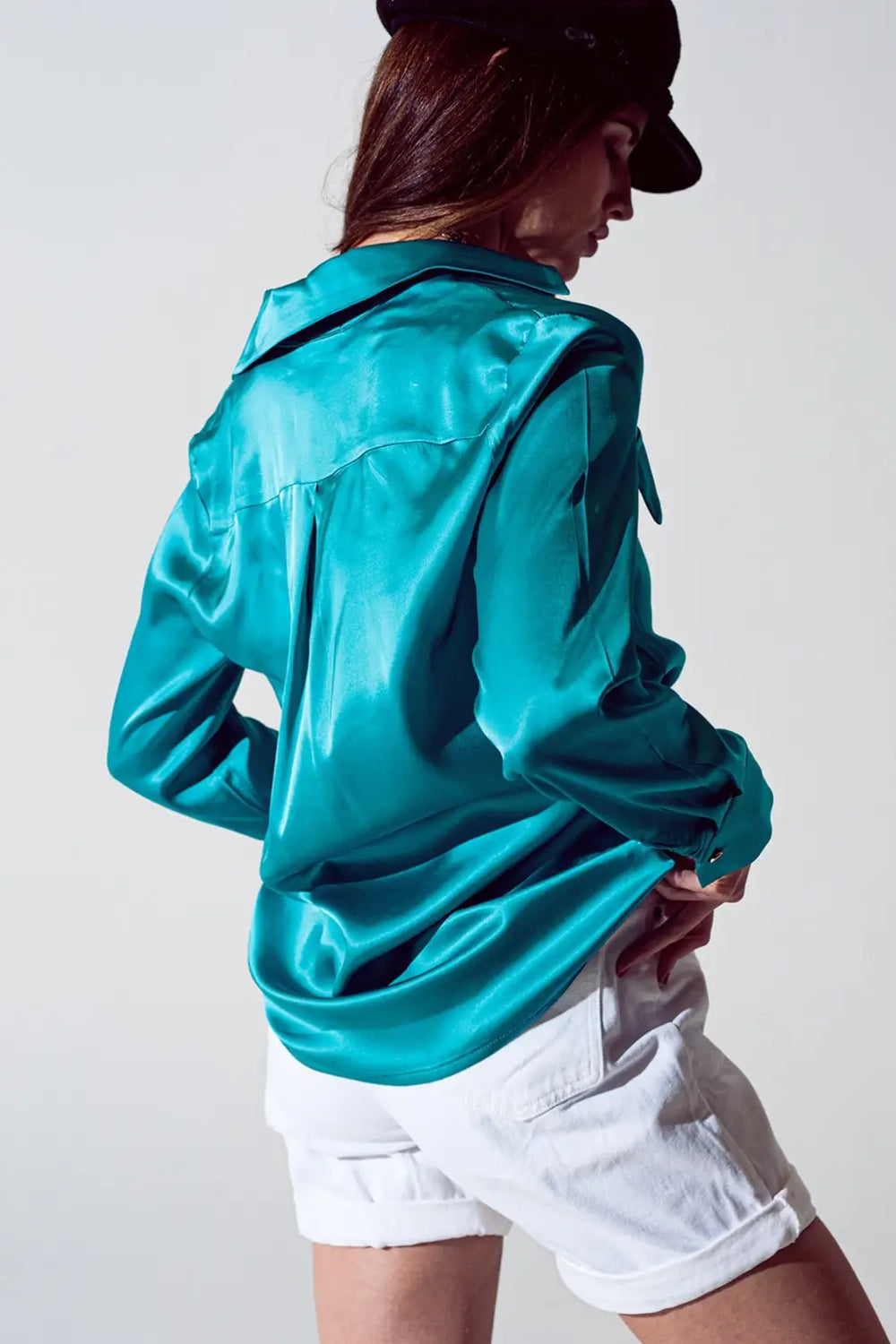 Chemise en satin à poignet fendu en turquoise - Tee-Shirt
