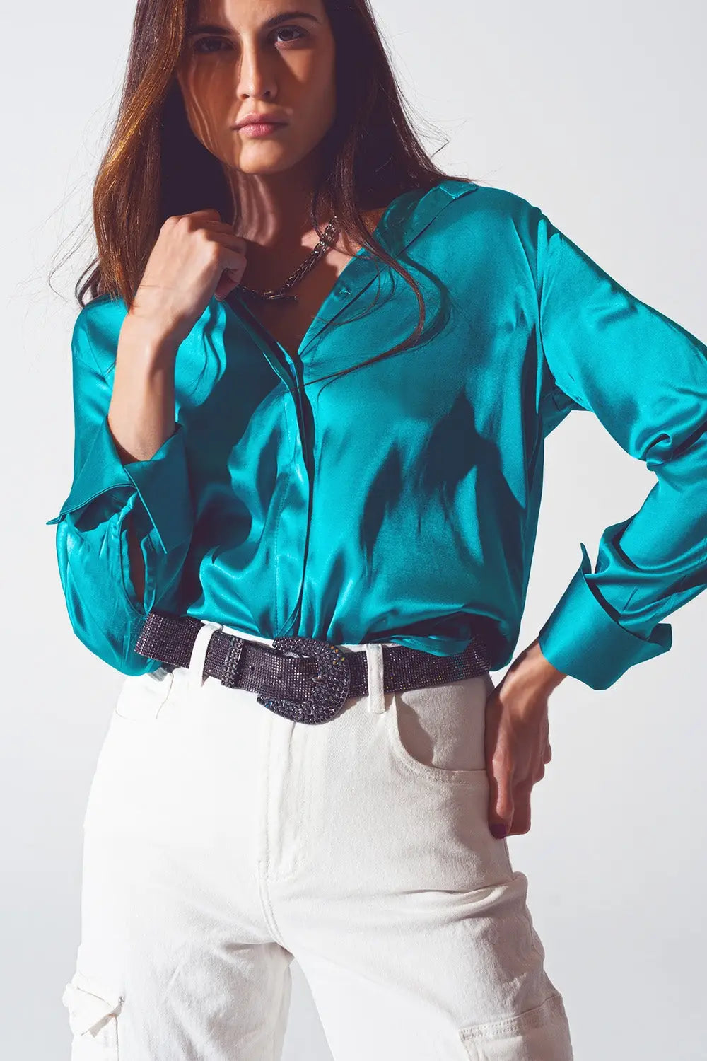 Chemise en satin à poignet fendu en turquoise - Tee-Shirt