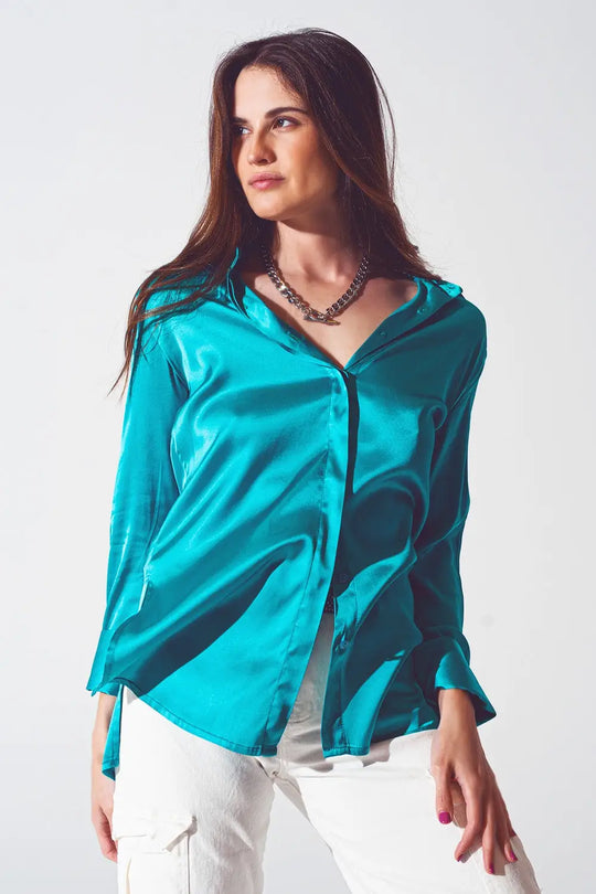 Chemise en satin à poignet fendu en turquoise - Tee-Shirt