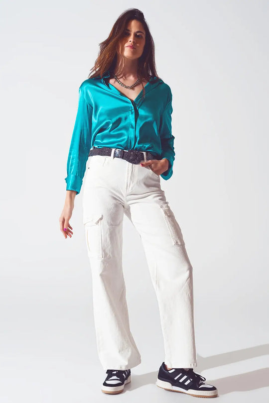 Chemise en satin à poignet fendu en turquoise - Tee-Shirt
