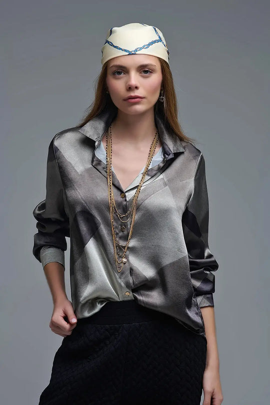 Q2 chemise en satin gris à imprimé géométrique