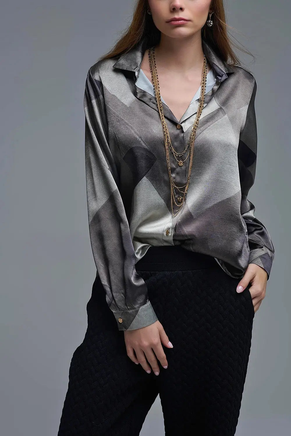 chemise en satin gris à imprimé géométrique - Tee-Shirt