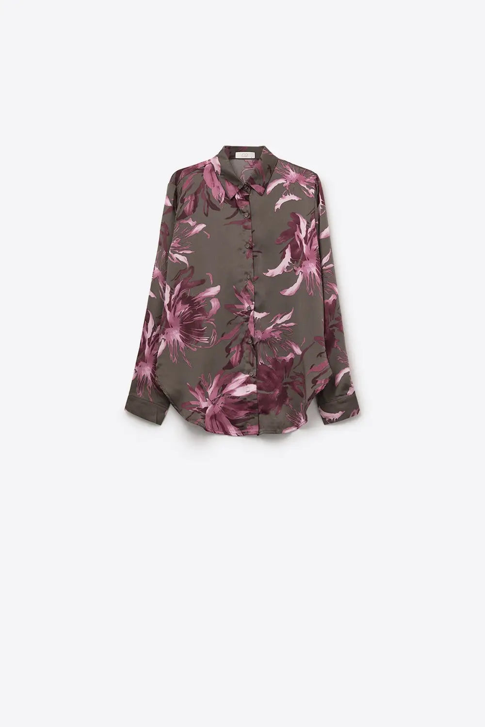 Chemise en satin imprimé floral gris avec boutons - Tee-Shirt
