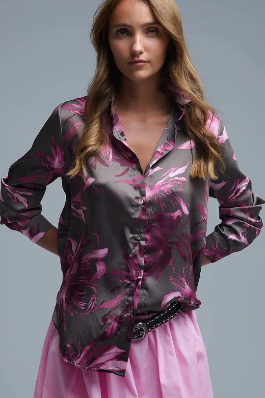 Chemise en satin imprimé floral gris avec boutons - Tee-Shirt