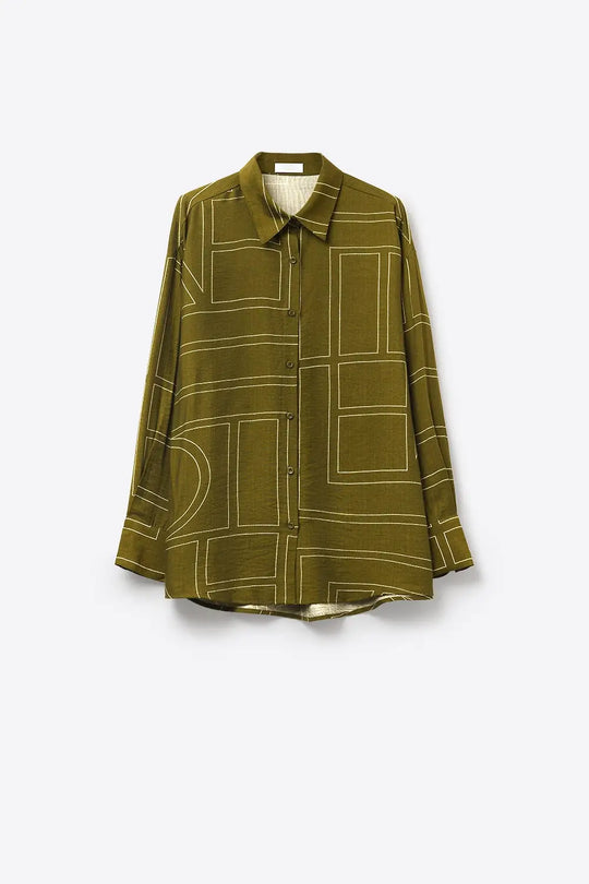 Chemise en tissu fluide fin olive avec imprimé graphique - Tee-Shirt