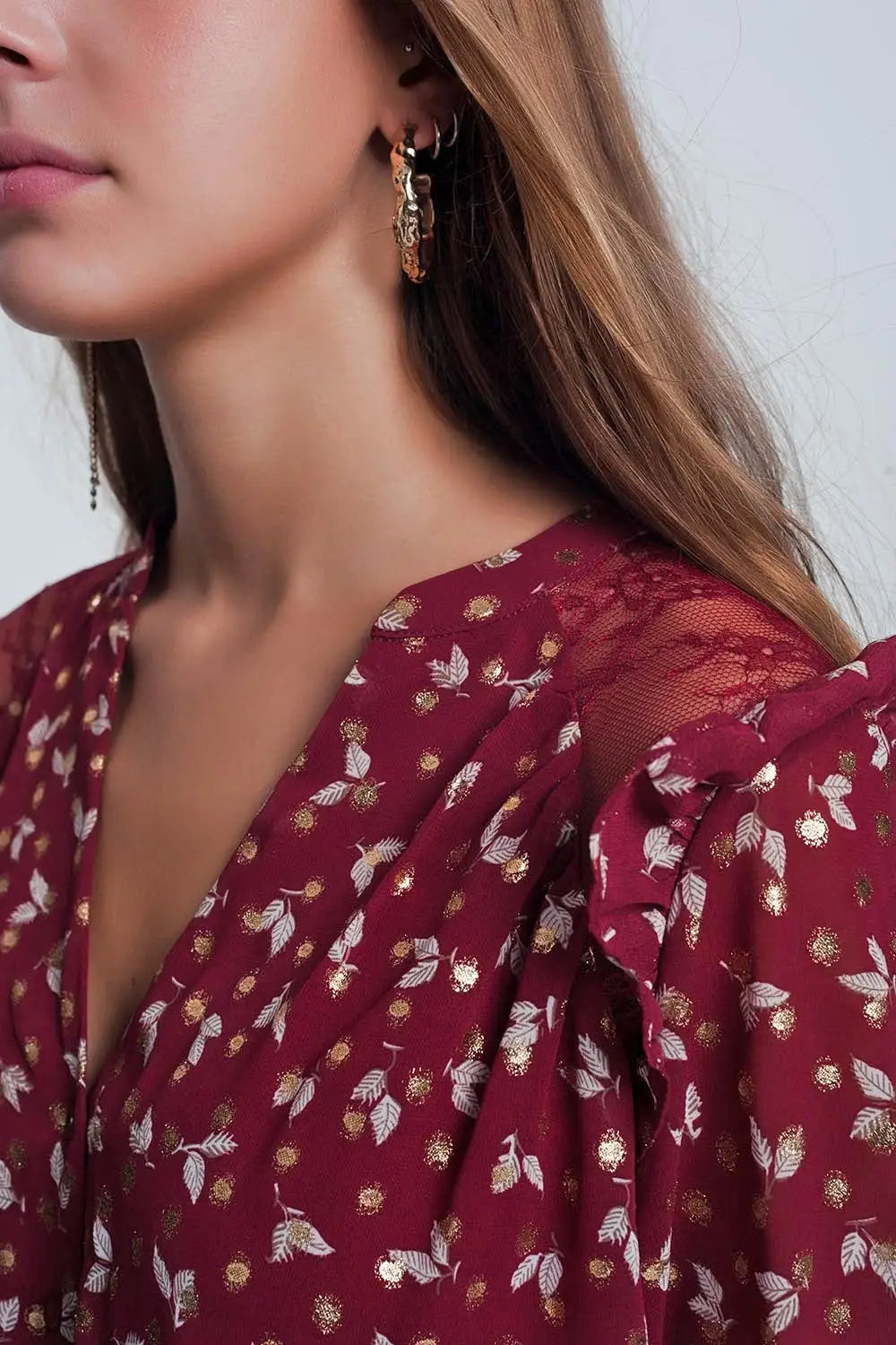 Chemise grenat imprimée avec épaules à volants - Tee-Shirt