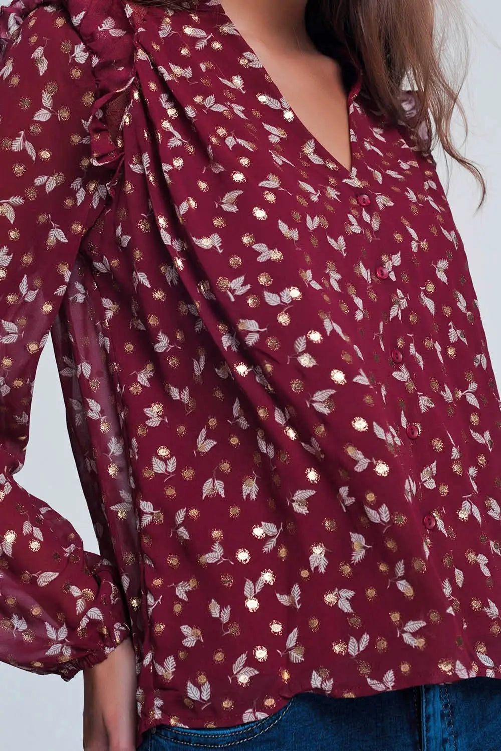 Chemise grenat imprimée avec épaules à volants - Tee-Shirt