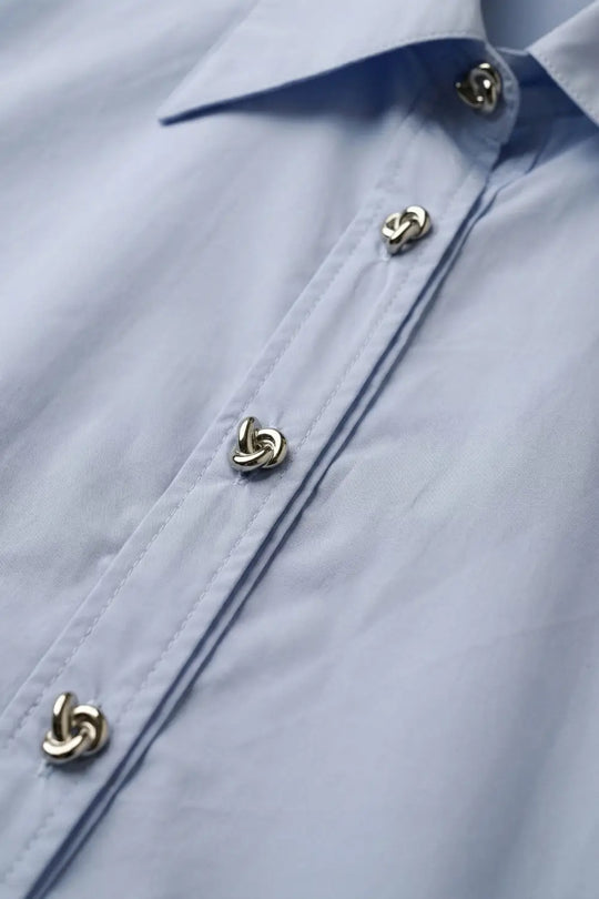Chemise kimono à manches courtes en popeline bleue avec boutons argentés - One Size / bleu - Tee-Shirt