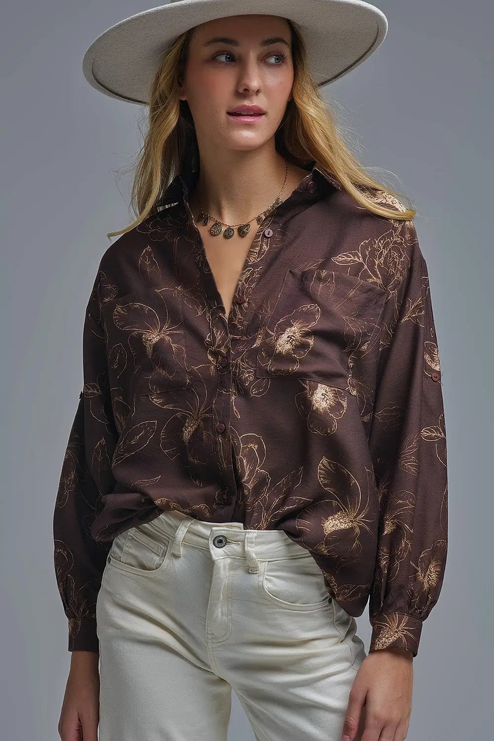 Chemise légère brune à imprimé floral automnal - Tee-Shirt
