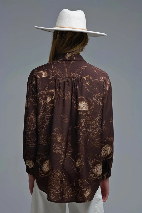 Chemise légère brune à imprimé floral automnal - Tee-Shirt