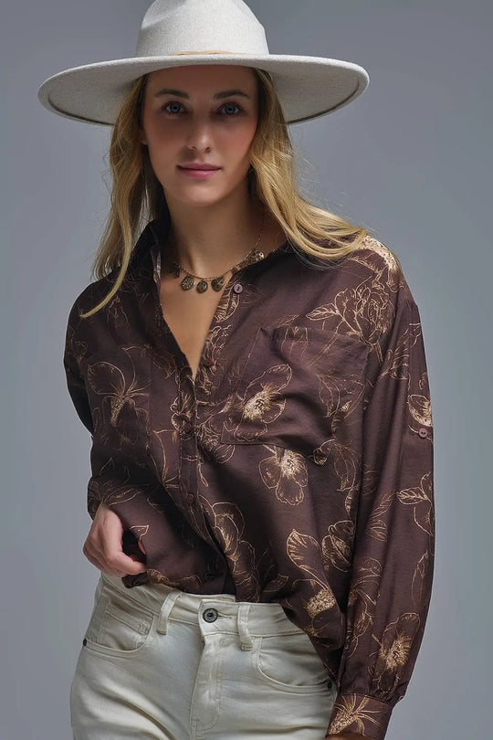 Q2 Chemise légère brune à imprimé floral automnal