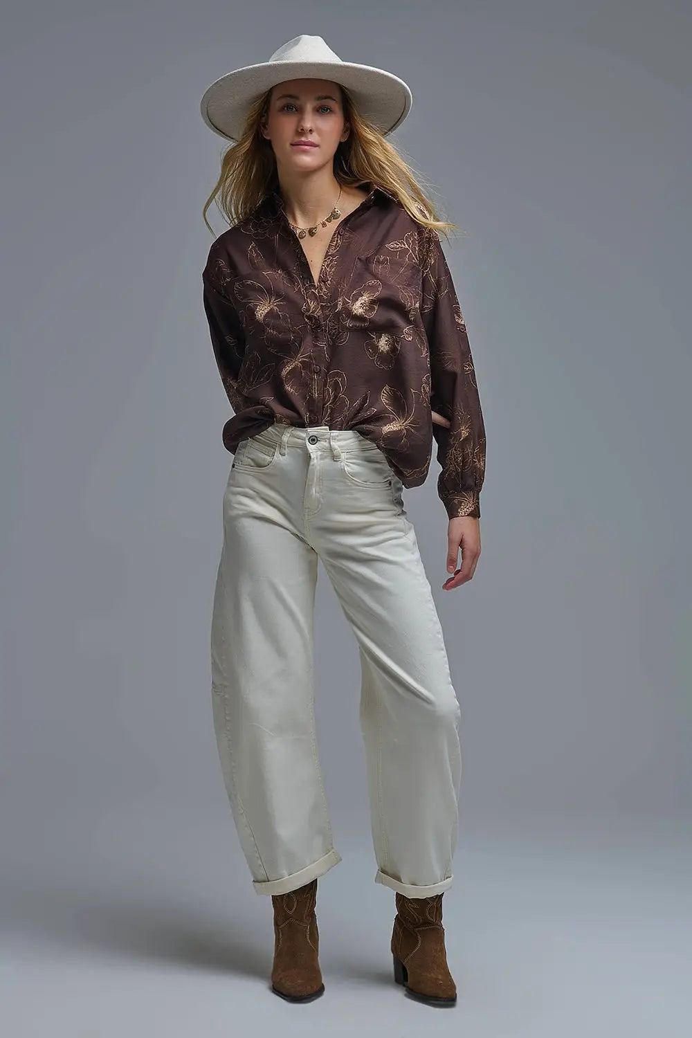Chemise légère brune à imprimé floral automnal - Tee-Shirt