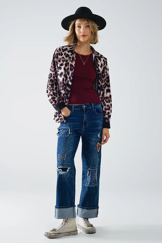 chemise léopard avec détails en satin noir - Tee-Shirt