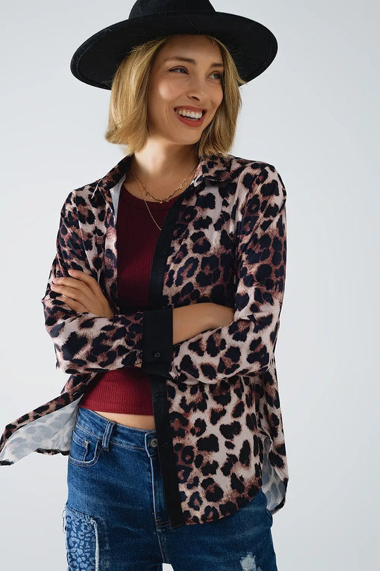 chemise léopard avec détails en satin noir - Tee-Shirt