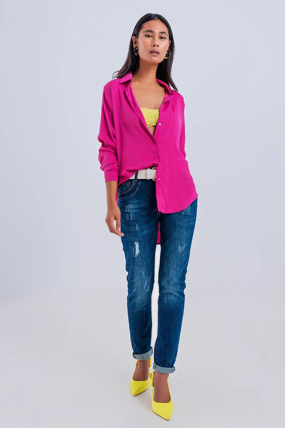 Chemise manches longues décontractée en satin fuchsia - Tee-Shirt