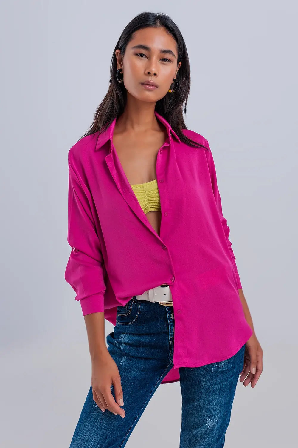 Q2 Chemise manches longues décontractée en satin fuchsia