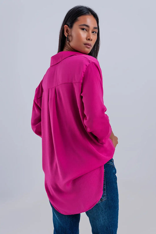 Chemise manches longues décontractée en satin fuchsia - Tee-Shirt