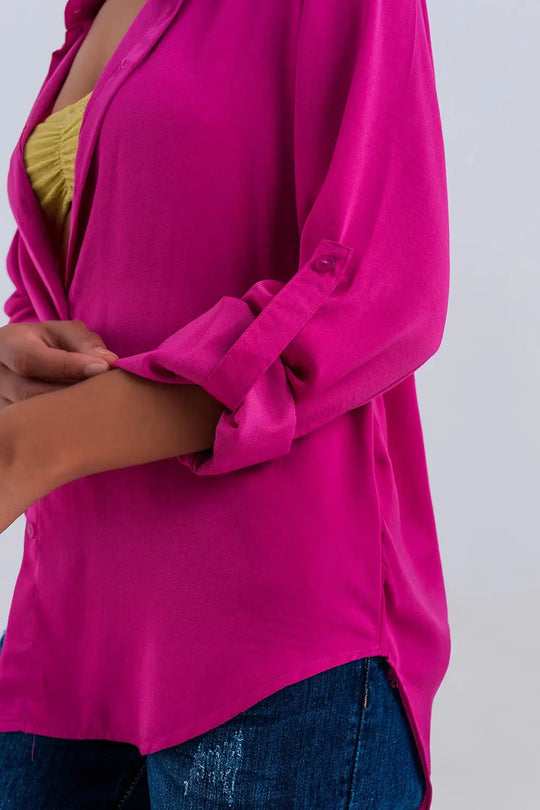 Chemise manches longues décontractée en satin fuchsia - Tee-Shirt