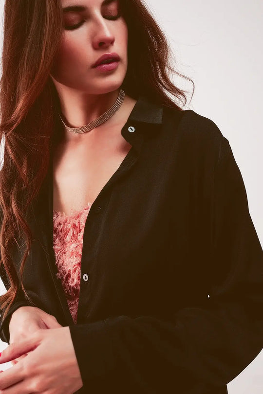 Chemise manches longues décontractée en satin noire - Tee-Shirt