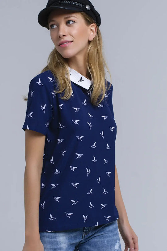 Chemise marine avec des oiseaux imprimés - Tee-Shirt