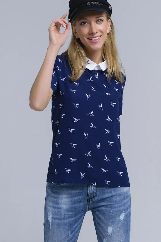 Q2 Chemise marine avec des oiseaux imprimés