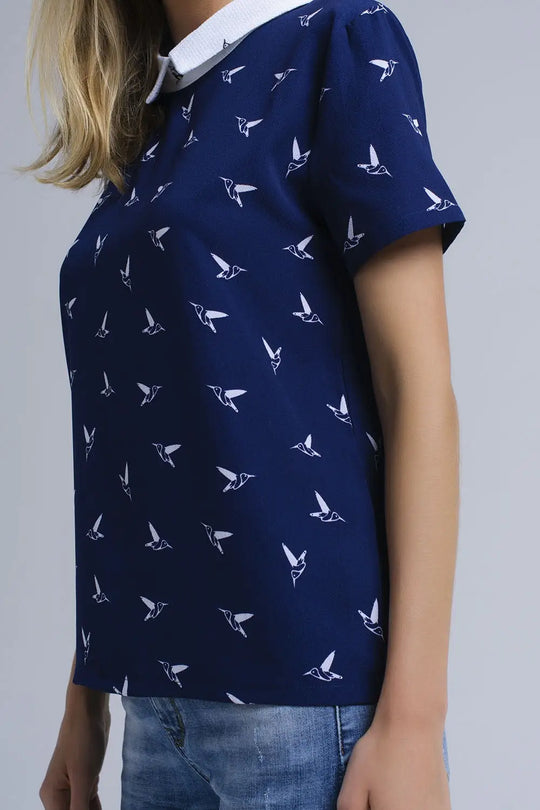 Chemise marine avec des oiseaux imprimés - Tee-Shirt