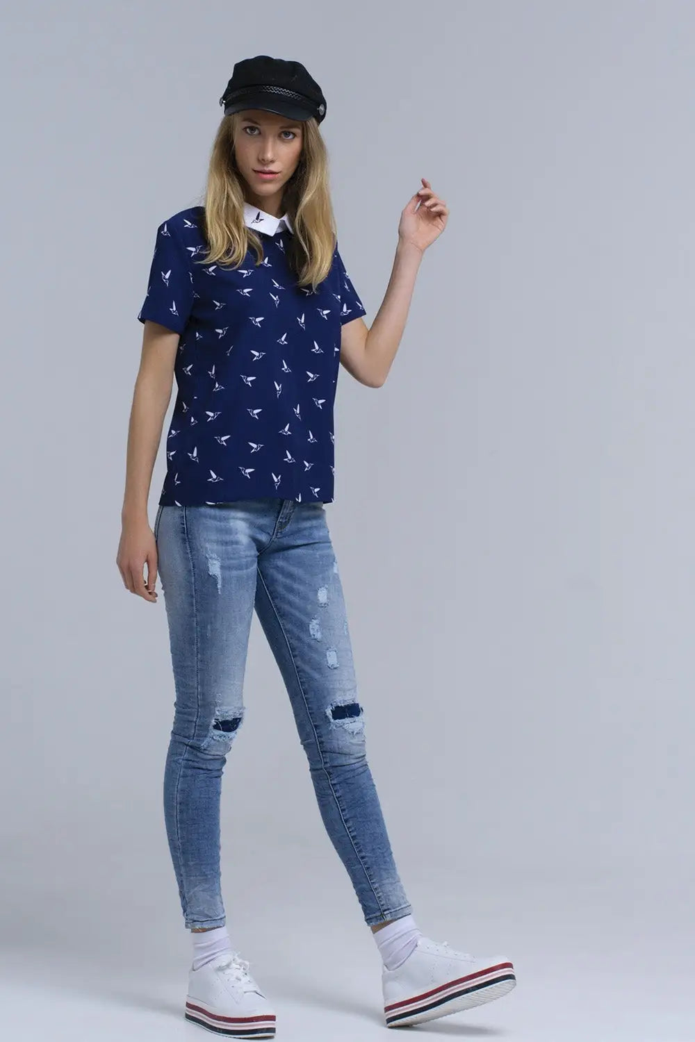 Chemise marine avec des oiseaux imprimés - Tee-Shirt