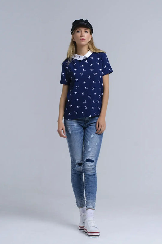 Chemise marine avec des oiseaux imprimés - Tee-Shirt