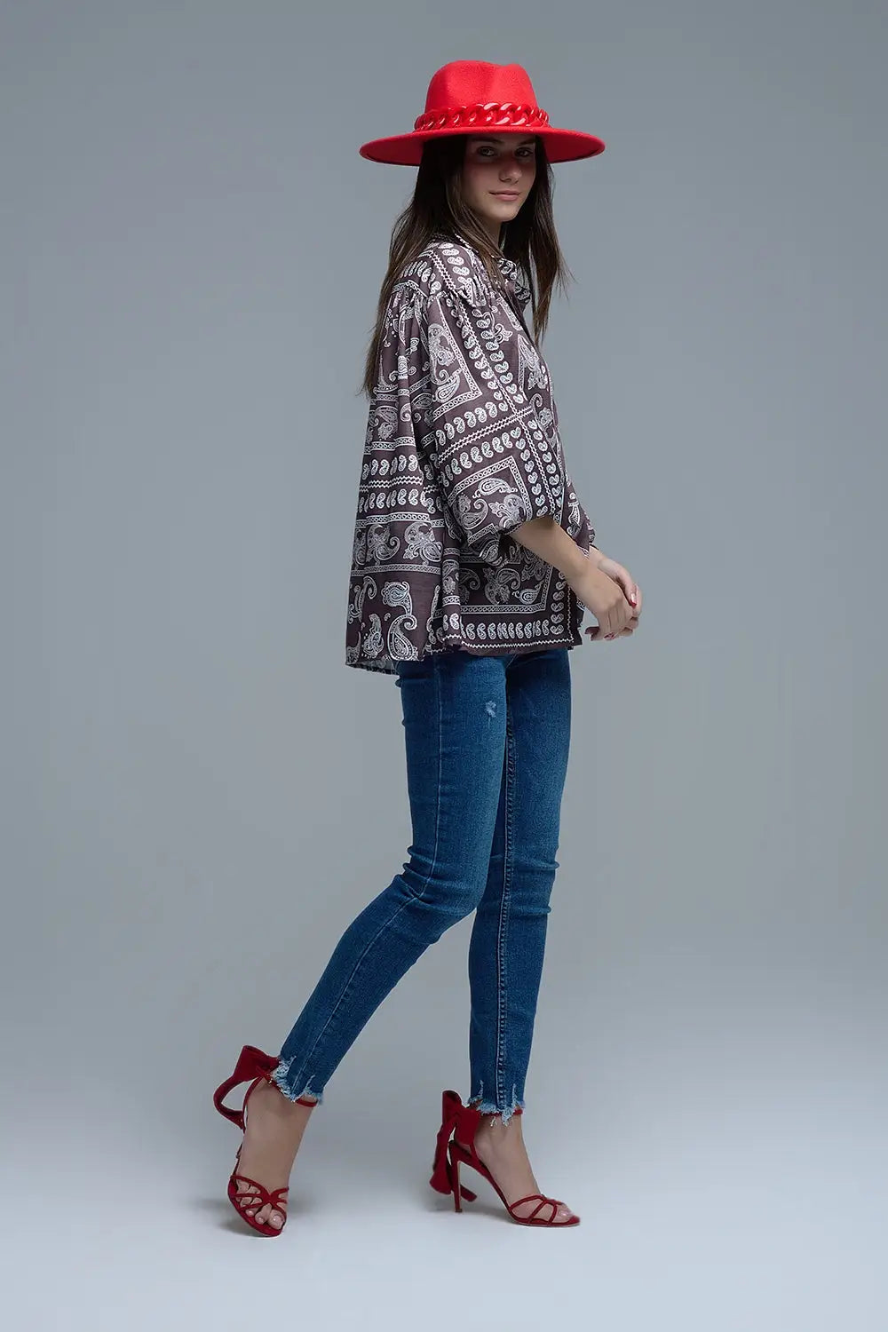 Chemise marron à manches volumineuses et motif cachemire - Tee-Shirt