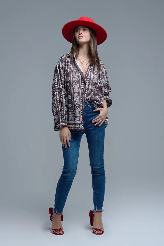 Chemise marron à manches volumineuses et motif cachemire - Tee-Shirt