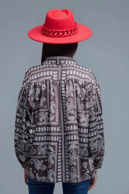 Chemise marron à manches volumineuses et motif cachemire - Tee-Shirt