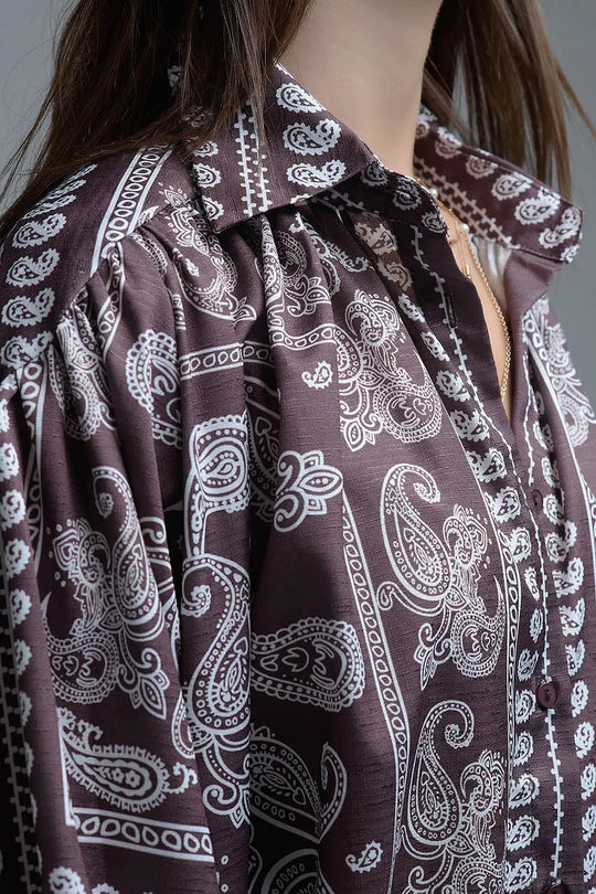 Chemise marron à manches volumineuses et motif cachemire - Tee-Shirt