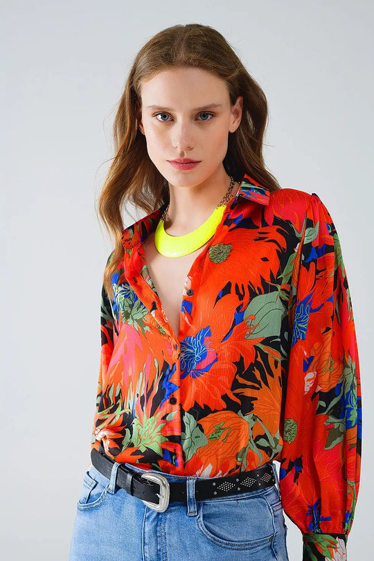 Chemise mousseline de soie à manches ballons florales en noir - Tee-Shirt