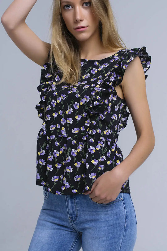 Chemise noir croisée avec des volants - Tee-Shirt