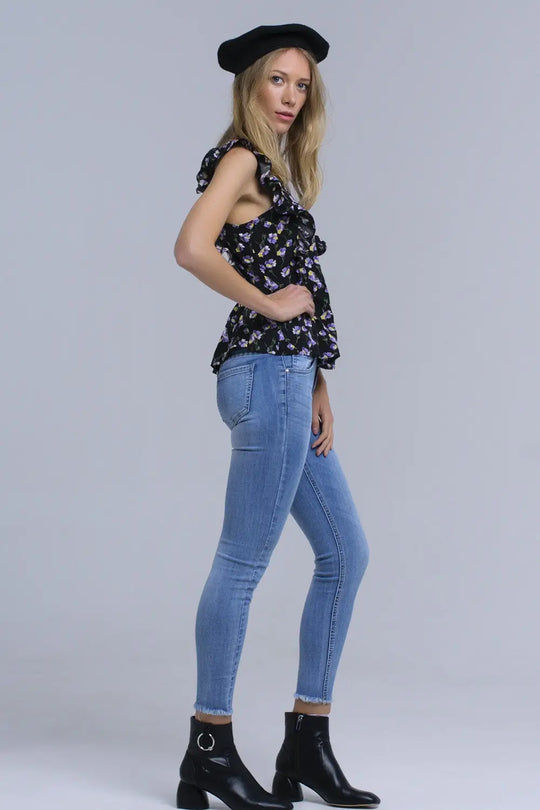 Chemise noir croisée avec des volants - Tee-Shirt