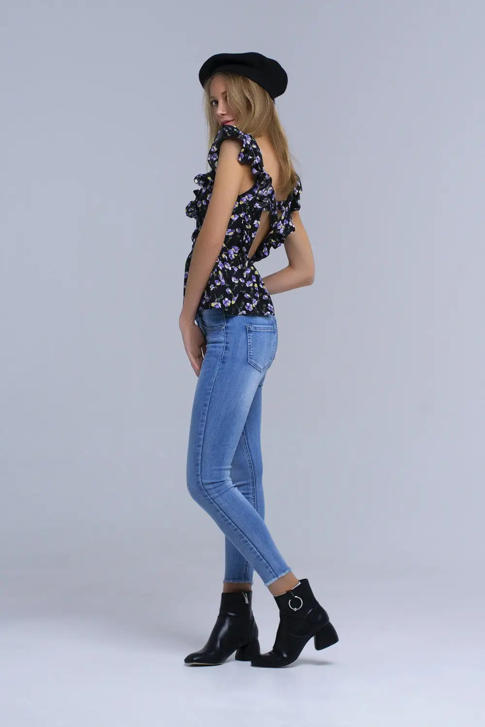 Chemise noir croisée avec des volants - Tee-Shirt