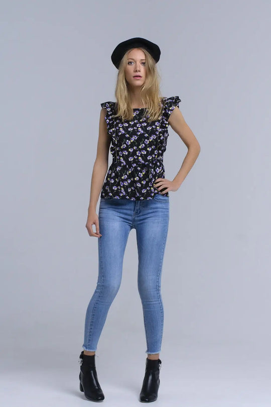 Chemise noir croisée avec des volants - Tee-Shirt