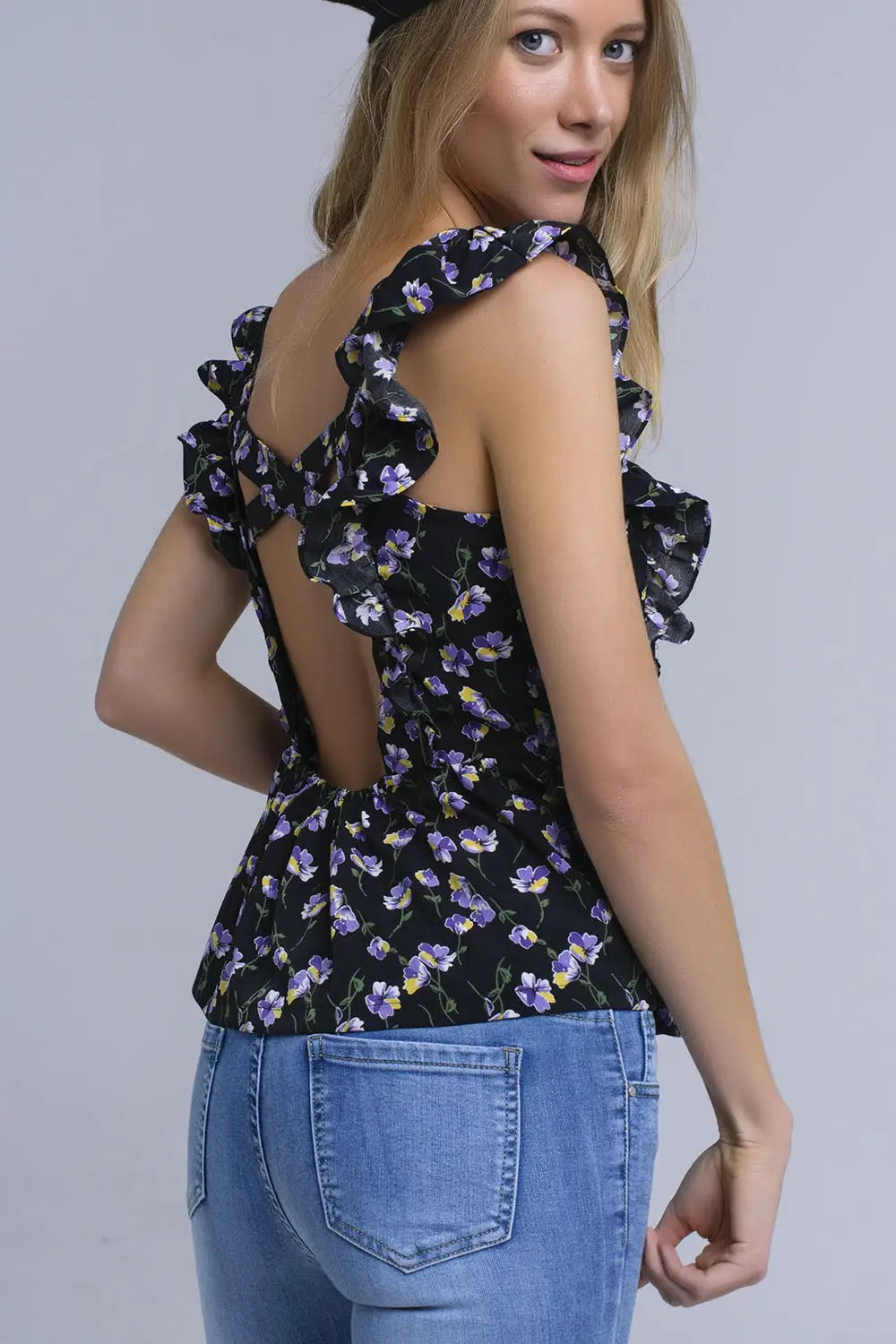 Chemise noir croisée avec des volants - Tee-Shirt
