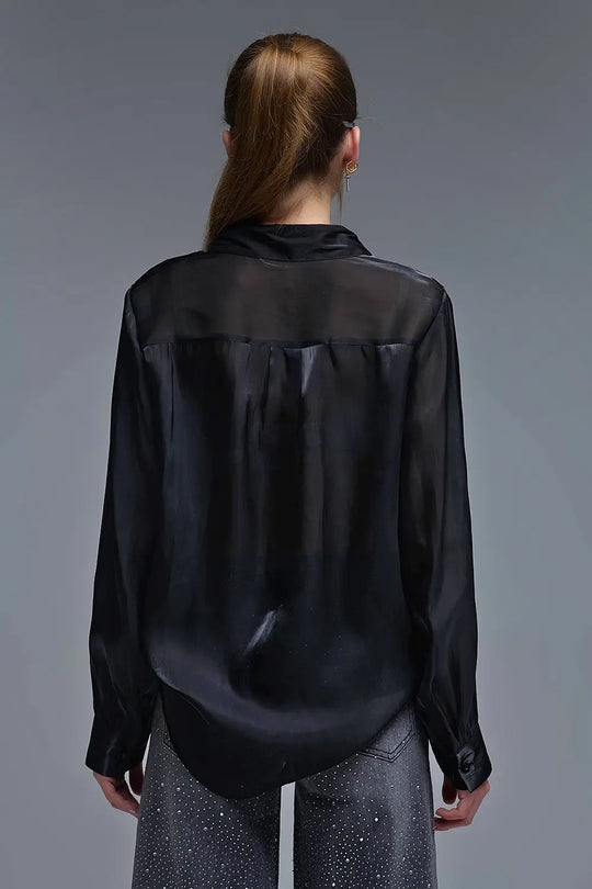 Chemise noire élégante en satin de soie - Tee-Shirt